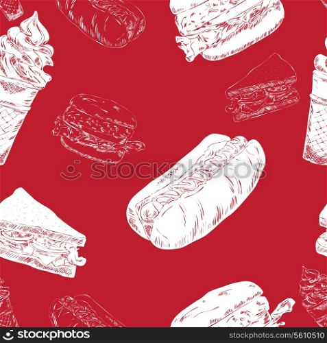 Red seamless background with hot-dog hamburger fast food sketch icons vector illustration