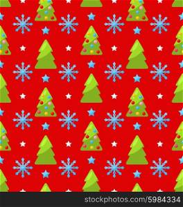 Red seamless Christmas pattern green fir. Red seamless Christmas pattern green fir and showflake - vector