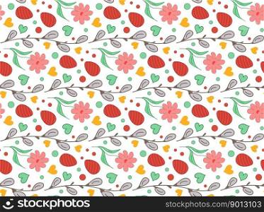 Red seamless pattern with flowers, eggs, Willow buds, hearts. Vector Texture paper gift, textile. Background, card, poster, coves, scrapbooking, textile, fabric, gift paper, banners, notebook.. Red seamless pattern with flowers, eggs, Willow buds, hearts. Vector Texture paper gift, textile