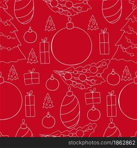 Red Seamless vector pattern with Christmas tree decorations, gifts. Can be used for fabric, packaging, wrapping paper and etc. Seamless vector pattern. Christmas tree decorations. Pattern in hand draw style