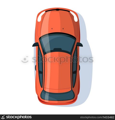Red sedan semi flat RGB color vector illustration. Transport on road. Journey with automobile. Hatchback auto on street. Personal vehicle isolated cartoon object top view on white background. Red sedan semi flat RGB color vector illustration