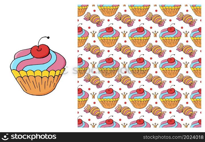 Red Set of element and seamless pattern. Ideal for children&rsquo;s clothing. Sweet pastries. Cupcake, muffin. Can be used for fabric and etc. Cupcake, muffin. Set of element and seamless pattern