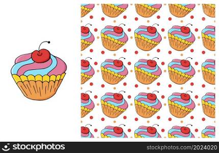 Red Set of element and seamless pattern. Ideal for children&rsquo;s clothing. Sweet pastries. Cupcake, muffin. Can be used for fabric, paper and etc. Cupcake, muffin. Set of element and seamless pattern