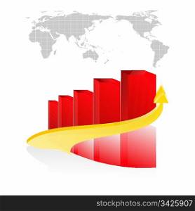 Red shiny graph with golden arrow pointing up, vector illustration