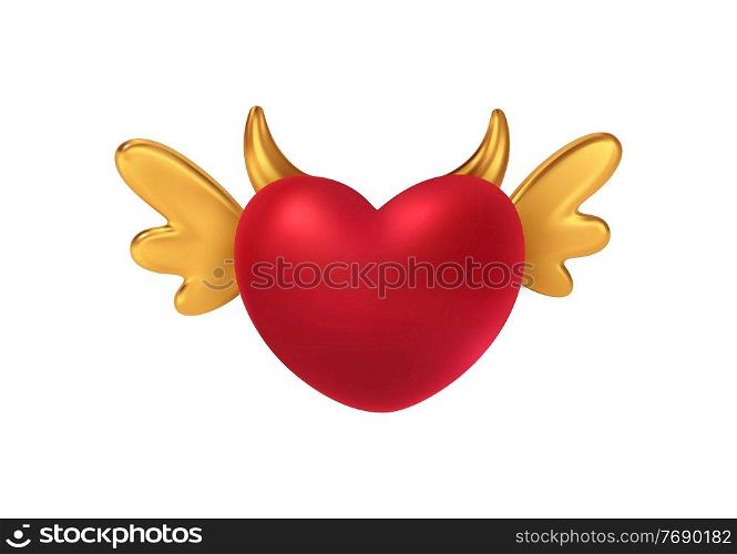 Red shiny heart shape with golden wings and horns. Concept symbol for Happy Valentines Day. Vector illustration EPS10. Red shiny heart shape with golden wings and horns. Concept symbol for Happy Valentines Day. Vector illustration