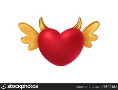 Red shiny heart shape with golden wings and horns. Concept symbol for Happy Valentines Day. Vector illustration EPS10. Red shiny heart shape with golden wings and horns. Concept symbol for Happy Valentines Day. Vector illustration