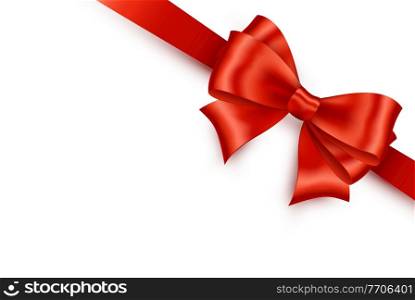 Red Shiny satin ribbon on white background. Paper bow red color. Vector decoration for gift card and discount voucher.. Shiny color satin ribbon on white background