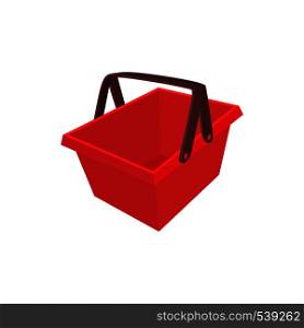Red shopping basket icon in cartoon style on a white background. Red shopping basket icon, cartoon style