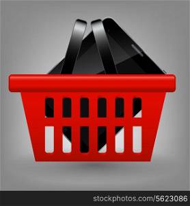 Red shopping basket with tablet vector illustration