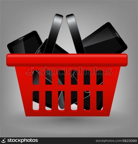 Red shopping basket with tablet vector illustration