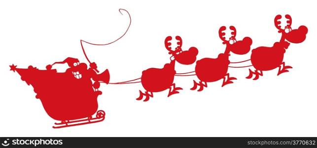 Red Silhouetted Of Magic Reindeer And Santa&rsquo;s Sleigh