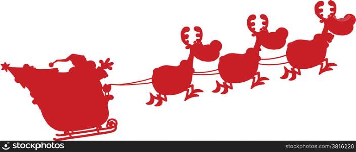 Red Silhouettes Of Santa Claus In Flight With His Reindeer And Sleigh