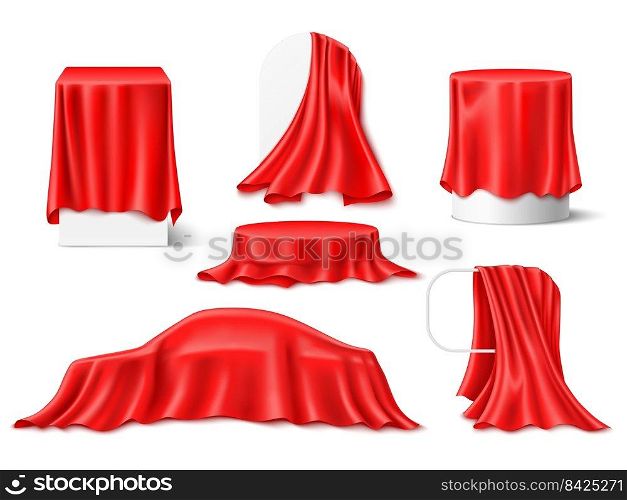 Red silk cloth covered objects. Realistic textile draperies, fabrics with folds on pedestals and frames, hidden surprise, marketing presentation stages collection, 3d isolated objects utter vector set. Red silk cloth covered objects. Realistic textile draperies, fabrics with folds on pedestals and frames, hidden surprise, presentation stages collection, 3d isolated objects utter vector set