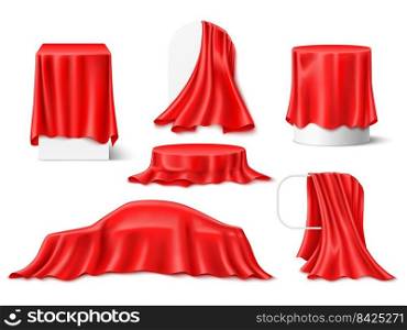 Red silk cloth covered objects. Realistic textile draperies, fabrics with folds on pedestals and frames, hidden surprise, marketing presentation stages collection, 3d isolated objects utter vector set. Red silk cloth covered objects. Realistic textile draperies, fabrics with folds on pedestals and frames, hidden surprise, presentation stages collection, 3d isolated objects utter vector set
