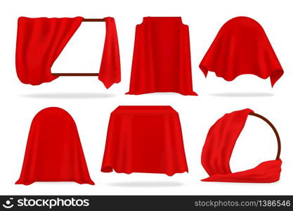 Red silk cover. 3D opened curtains, realistic covered with red cloth objects, napkins and tablecloth. Vector illustration luxurious fabric set for fashion decoration isolated on white background. Red silk cover. 3D opened curtains, realistic covered with red cloth objects, napkins and tablecloth. Vector isolated set