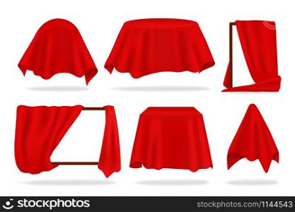 Red silk cover. Realistic covered objects with cloth draped or reveal curtain, red napkin or tablecloth. Vector 3D isolated illustration set covering to be revealed shape object on white background. Red silk cover. Realistic covered objects with cloth draped or reveal curtain, red napkin or tablecloth. Vector 3D isolated set