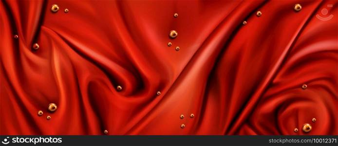 Red silk draped fabric background with gold pearls or randomly scattered shiny spheres. Luxurious folded textile decoration element for poster, banner or cover design. Realistic 3d vector illustration. Red silk draped fabric background with gold pearls