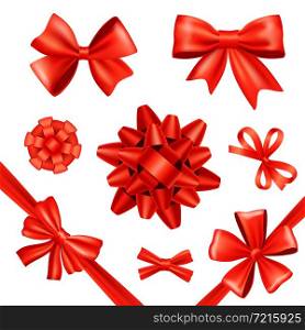 Red silk gift bows and celebration ribbons set isolated vector illustration. Gift Bows And Ribbons