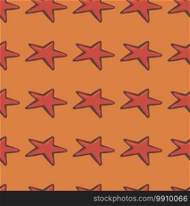 Red simple star silhouettes seamless doodle pattern. Stylized space geometric ornament on orange background. Great for wallpaper, textile, wrapping paper, fabric print. Vector illustration.. Red simple star silhouettes seamless doodle pattern. Stylized space geometric ornament on orange background.