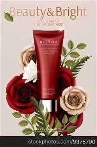 Red skincare plastic tube ads with paper roses in 3d illustration. Red skincare plastic tube ads