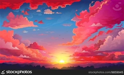Red sky sunset anime background with fluffy clouds and sun. Cartoon vector beautiful nature landscape, vivid bright cloudscape with shining rays over the mountain peaks and tree crowns, evening view. Red sky sunset anime background with fluffy clouds