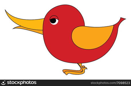 Red small bird with yellow wings, illustration, vector on white background.