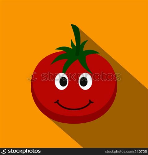 Red smiing tomato icon. Flat illustration of red smiing tomato vector icon for web on yellow background. Red smiing tomato icon, flat style