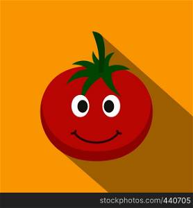 Red smiing tomato icon. Flat illustration of red smiing tomato vector icon for web on yellow background. Red smiing tomato icon, flat style