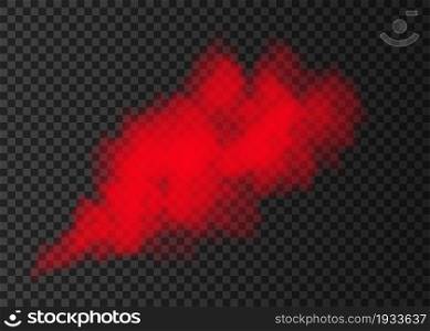 Red smoke burst isolated on transparent background. Color steam explosion special effect. Realistic vector column of fire fog or mist texture .