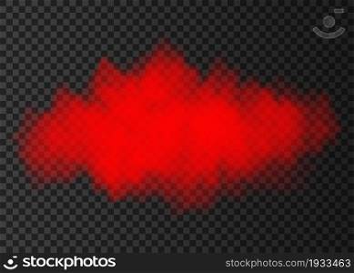 Red smoke cloud isolated on transparent background. Steam explosion special effect. Realistic vector fire fog or mist texture .