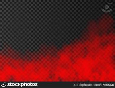 Red smoke isolated on transparent background. Steam special effect. Realistic colorful vector fire fog or mist texture.