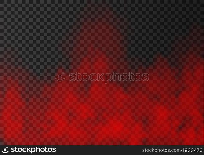 Red smoke isolated on transparent background. Steam special effect. Realistic colorful vector fire fog or mist texture.