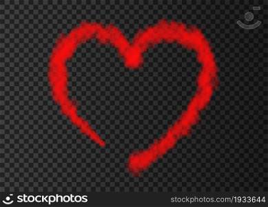 Red smoke plane heart trail isolated on transparent background. Love. Steam effect. Realistic vector fog or cloud for Valentine day banner template .