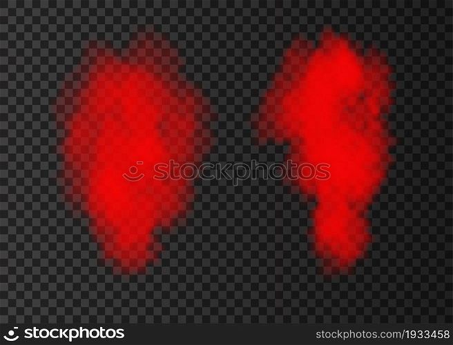 Red smoke puff collection isolated on transparent background. Steam explosion special effect. Realistic vector column of fire fog or mist texture .