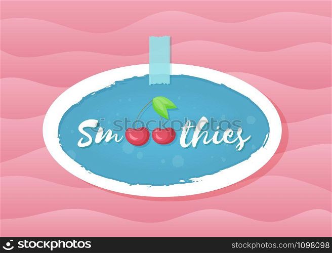 Red smoothie cherry cocktail sticker vector illustration. Natural fruit with hand drawn Smoothies sign at fresh smoothies cocktail blue round sticker for decoration shop label or sale offer banner. Red smoothie cherry cocktail sticker illustration