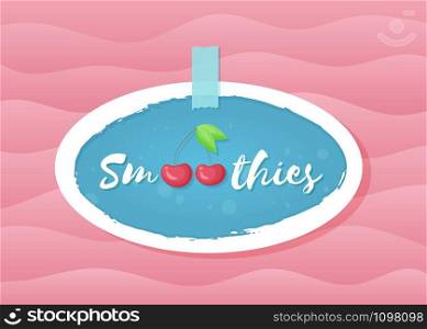 Red smoothie cherry cocktail sticker vector illustration. Natural fruit with hand drawn Smoothies sign at fresh smoothies cocktail blue round sticker for decoration shop label or sale offer banner. Red smoothie cherry cocktail sticker illustration