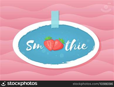 Red smoothie strawberry cocktail sticker vector illustration. Tasty fruit with hand drawn Smoothie sign in white frame. Fresh smoothies cocktail blue round sticker for decoration shop label design. Red smoothie strawberry cocktail sticker graphic