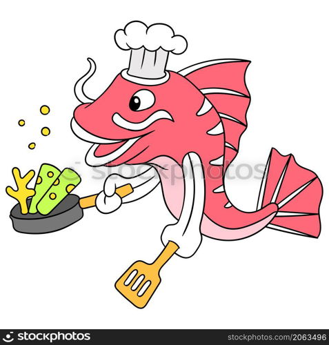 red snapper is cooking as a chef holding a frying pan