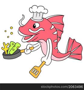 red snapper is cooking as a chef holding a frying pan