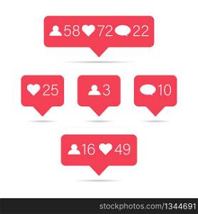 Red social media notifications icons for web design, social net. Tag, button for like, comment, speech bubble, request. Click on link, view, rating, feedback. Interface app with heart, share. Vector.. Red social media notifications icons for web design, social net. Tag, button for like, comment, speech bubble, request. Click on link, view, rating, feedback. Interface app with heart, share. Vector
