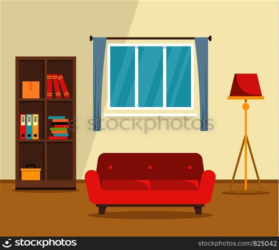 Red sofa interior concept background. Flat illustration of red sofa interior vector concept background for web design. Red sofa interior concept background, flat style