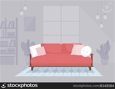 Red sofa with beautifully arranging pillows flat color vector illustration. Living room decor. Fully editable 2D simple cartoon interior with cozy atmosphere and large window on background. Red sofa with beautifully arranging pillows flat color vector illustration
