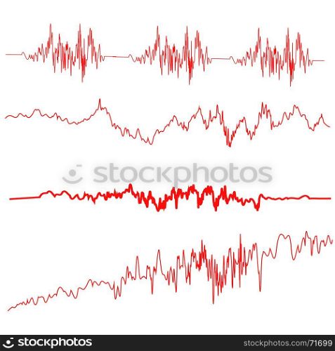 Red Sound Waves Set. Screen of Equalizer. Musical Vibration Graph. Radio Wave Amplitude. Red Sound Waves Set. Screen of Equalizer