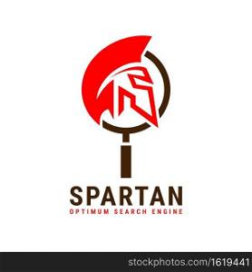 Red Spartan Helmet and Magnifying Glass Combination as Modern Search Symbol Logo Design.