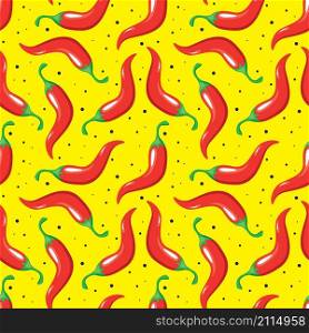 Red spicy chili pepper vegetables on yellow background seamless pattern. Vector illustration.