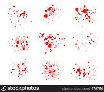 Red splatter blots. Draw blood splash stains isolated on white background, bloodstain set drippings dripping spray textures. Red splatter blots