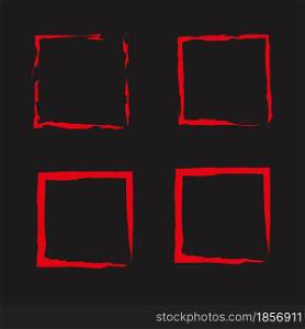 Red square frame icon set on black backdrop. Freehand paint brush stroke. Stamp texture. Vector illustration. Stock image. EPS 10.. Red square frame icon set on black backdrop. Freehand paint brush stroke. Stamp texture. Vector illustration. Stock image.