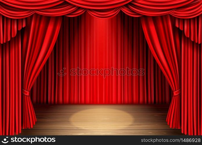 Red stage curtain and wooden floor realistic vector. Theater, opera scene drape backdrop, concert grand opening or cinema premiere backstage, portiere for ceremony performance template 3d illustration. Red stage curtain for theater, opera scene drape