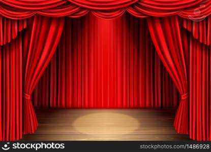 Red stage curtain and wooden floor realistic vector. Theater, opera scene drape backdrop, concert grand opening or cinema premiere backstage, portiere for ceremony performance template 3d illustration. Red stage curtain for theater, opera scene drape