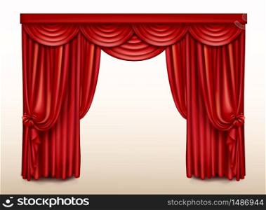 Red stage curtain for theater, realistic opera scene drape vector backdrop, concert grand opening or cinema premiere backstage, portiere for ceremony performance isolated template, 3d illustration. Red stage curtain for theater, opera scene drape